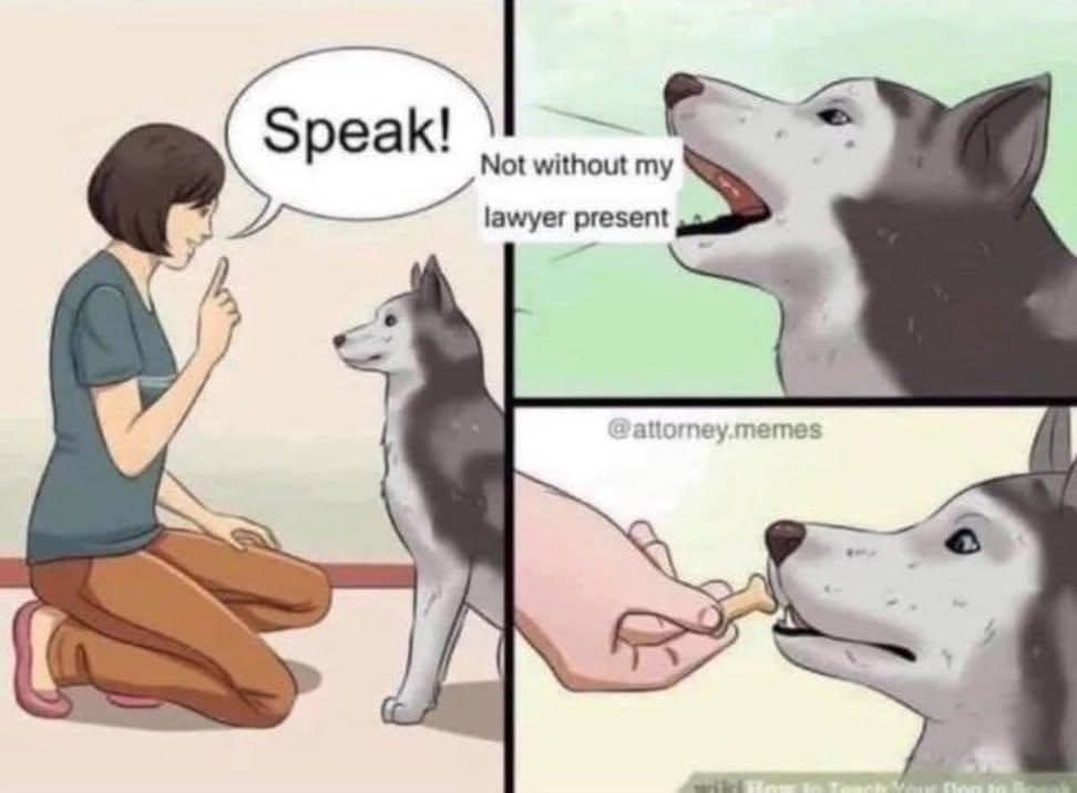 Meme dump comic of a husky refusing to speak without a lawyer present
