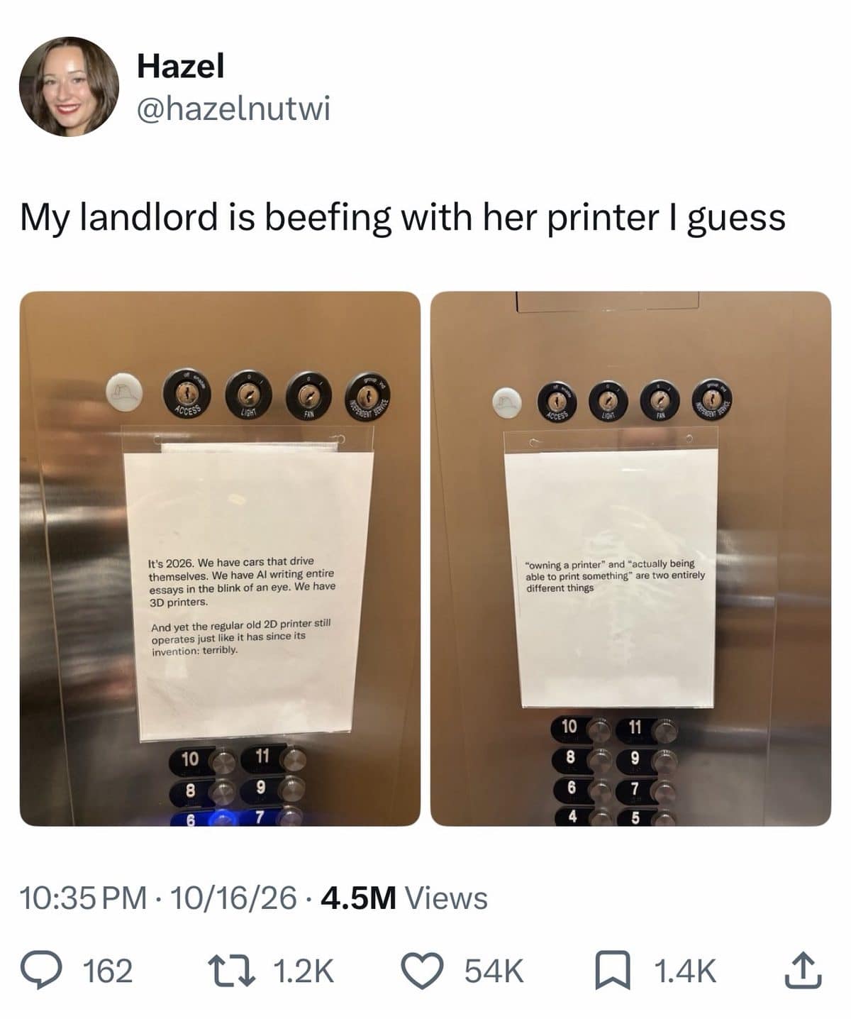 Meme dump tweet showing a landlord's elevator notes complaining about printers in 2026