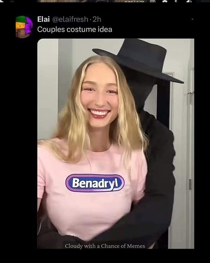 Couples costume idea of a smiling woman in a Benadryl shirt and a shadowy hat man