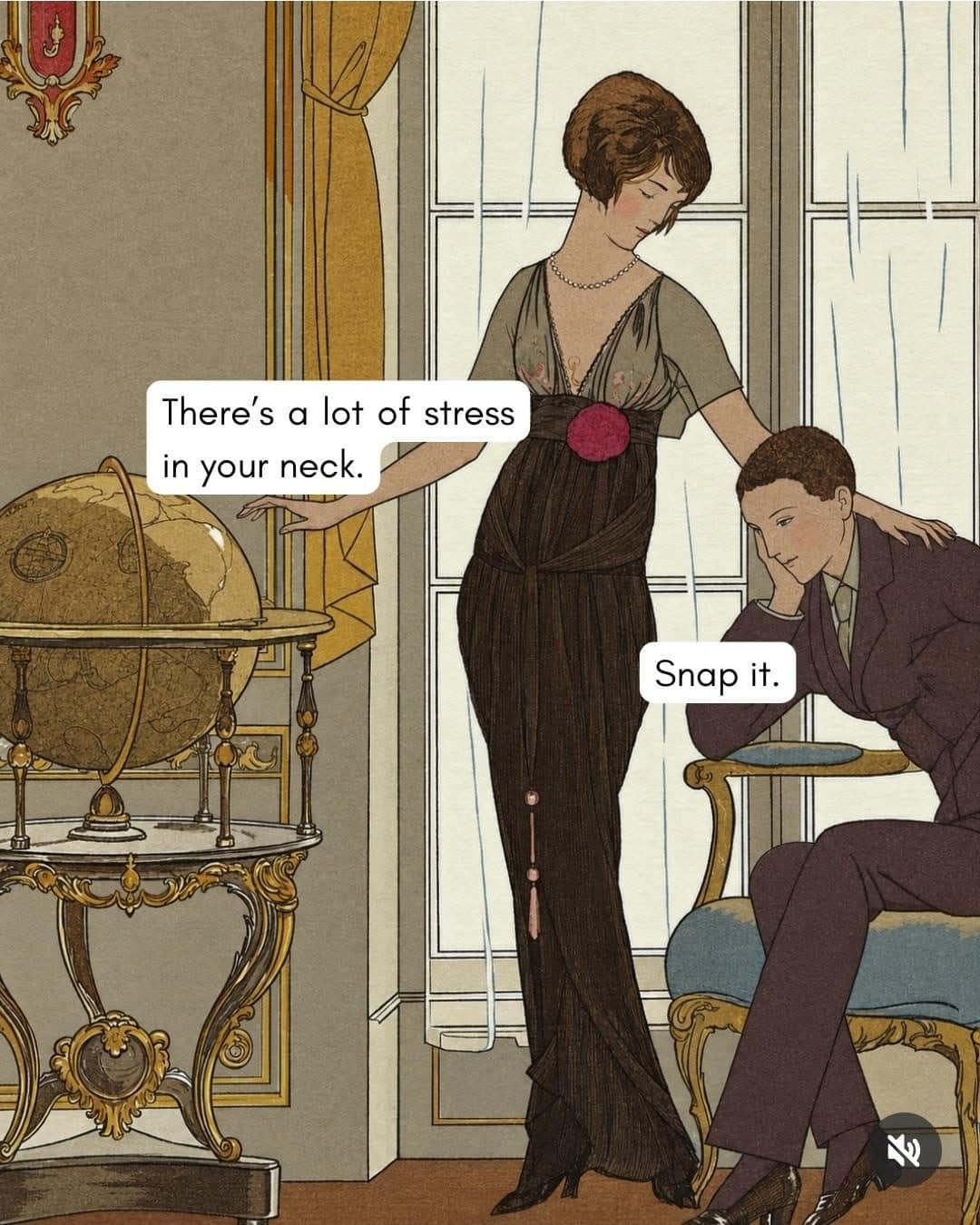Vintage style illustration of a woman noting neck stress and a man replying snap it