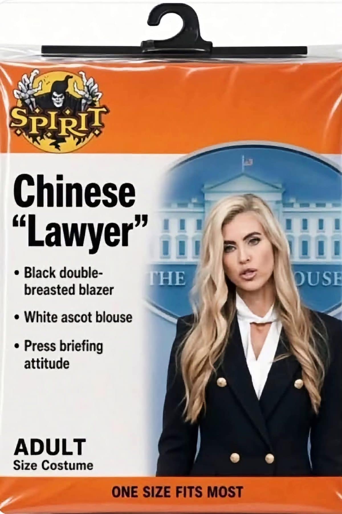 Edited Spirit Halloween costume package parodying a political press briefing look