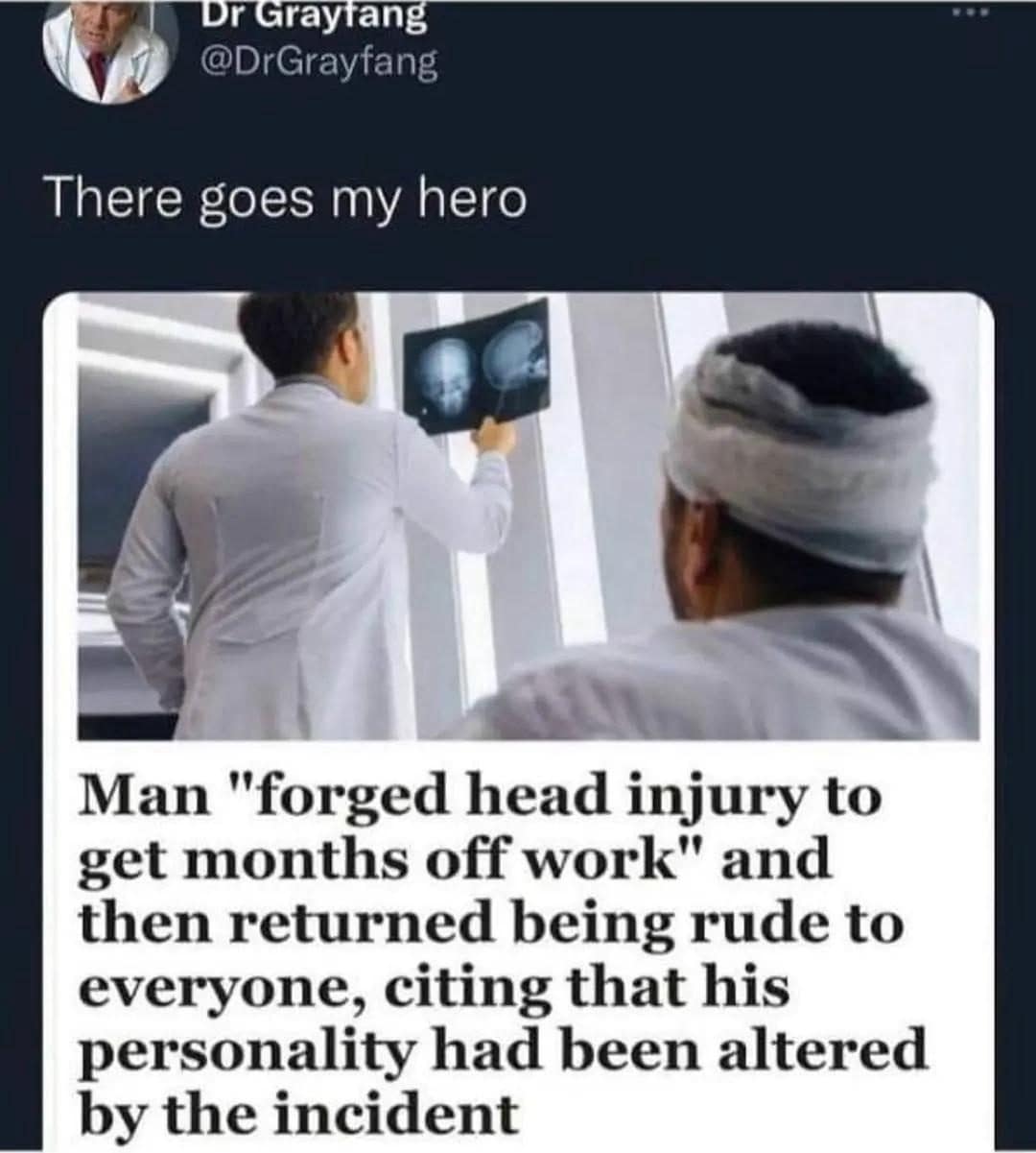 Headline about a man faking a head injury, then returning rude due to personality changes