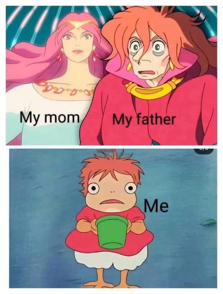 Ponyo family meme with mom glowing, dad frazzled, and the kid holding a green bucket