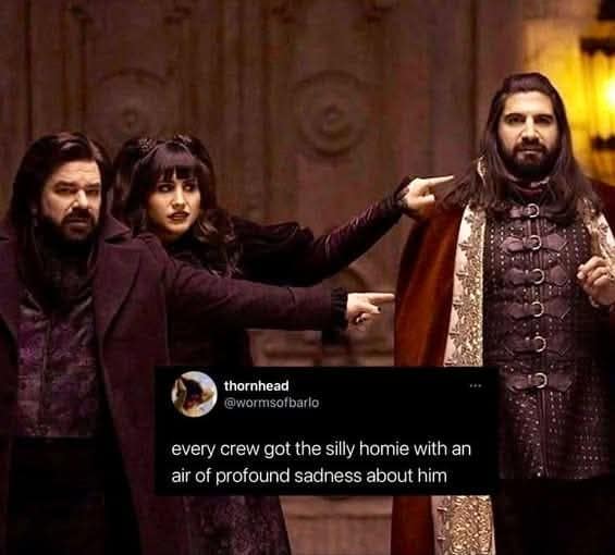Meme dump photo of vampires pointing at their gloomy friend, about every crew's silly homie