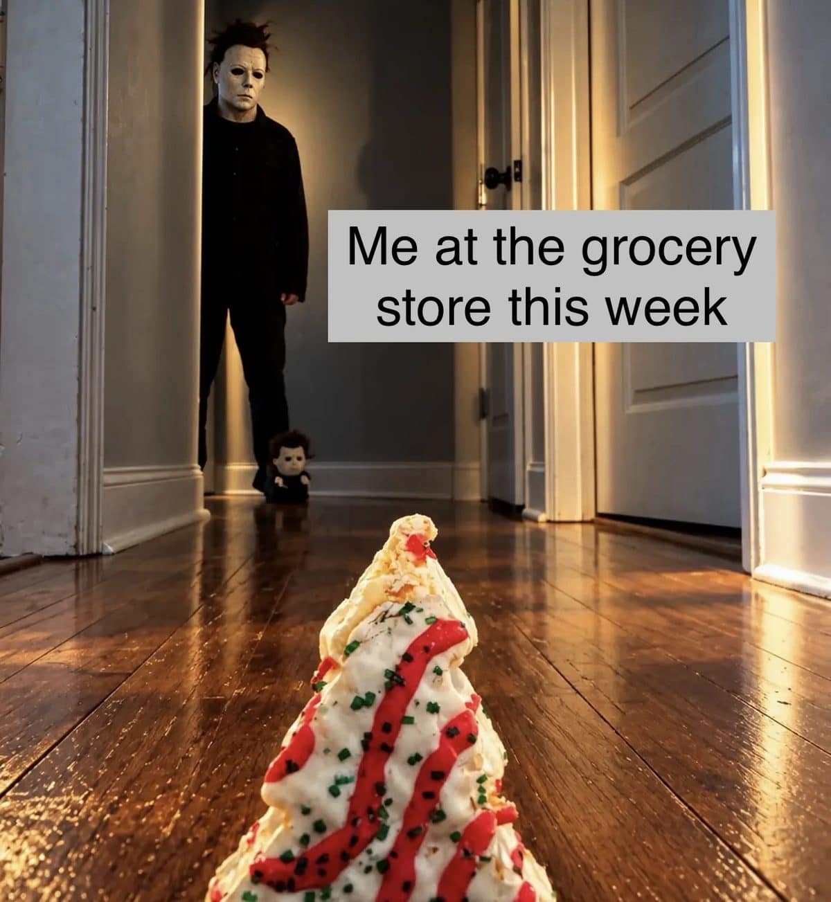 Michael Myers in a hallway staring down a Christmas tree snack cake, about grocery stores