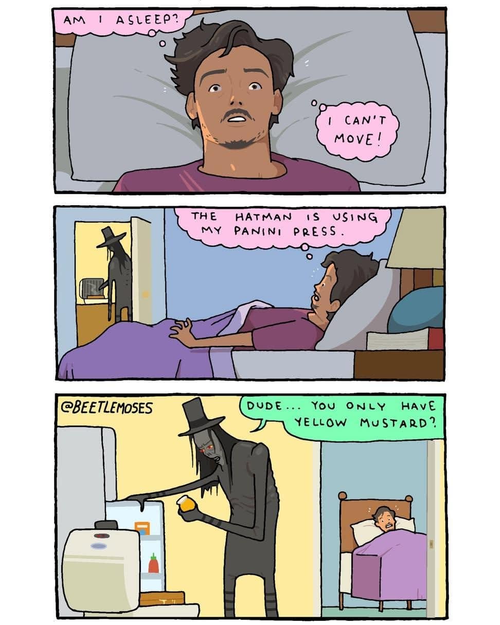 Comic where a sleep paralysis Hatman raids the fridge and uses the panini press