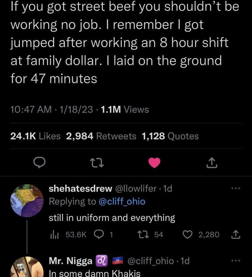 Tweet about getting jumped after a shift at Family Dollar, with a reply about still wearing khakis.
