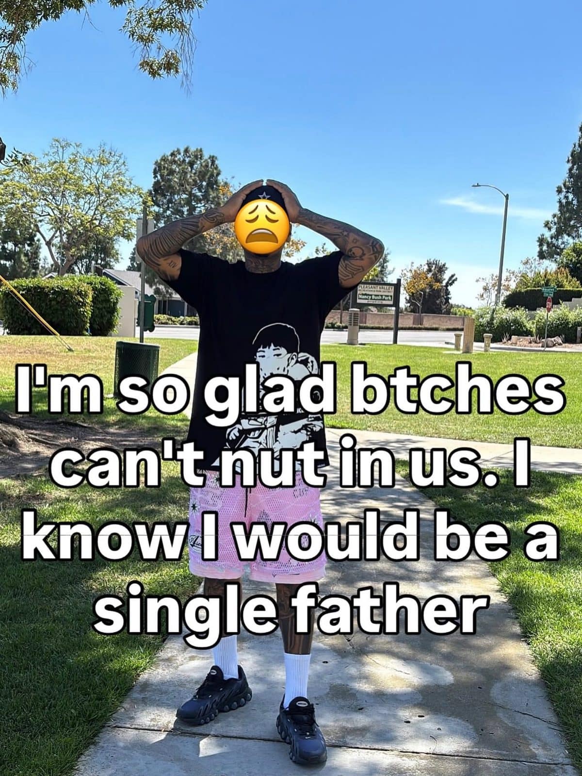 Man with an emoji over his face, hands on his head, with a crude joke about fatherhood.
