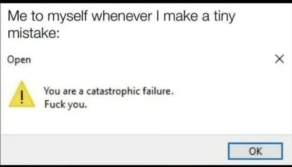 Fake computer warning box calling the user a catastrophic failure after a tiny mistake.