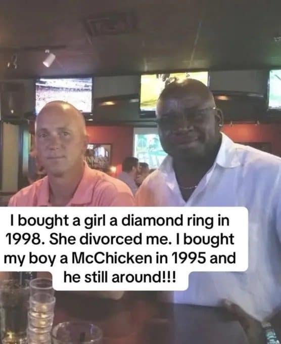 Two friends at a bar, joking that a McChicken lasted longer than a marriage.