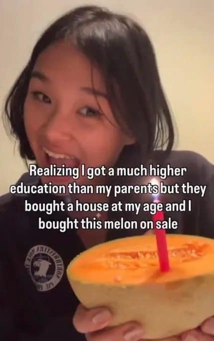 Woman with a candle in a melon in this meme dump, comparing her degree to a house.