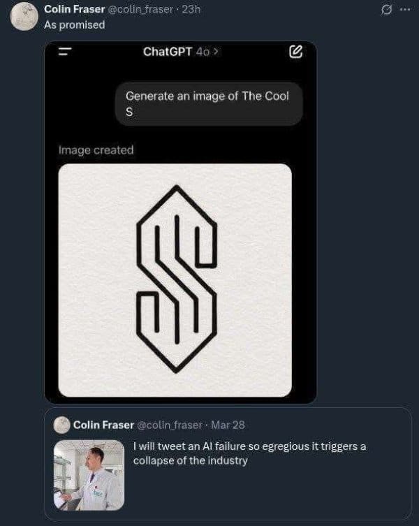 Tweet showing an image generator's attempt at the Cool S, which comes out wrong.