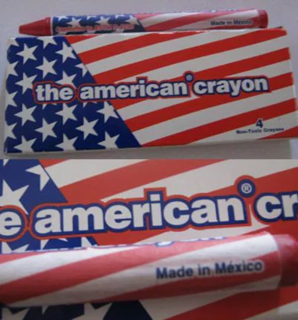 Box called the American crayon, with the crayon itself labeled made in Mexico.