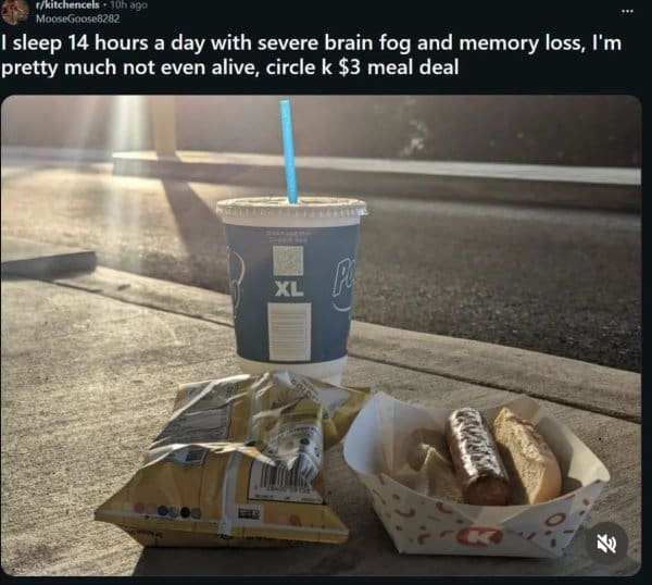 Circle K hot dog meal deal photographed beautifully in sunlight, with a bleak caption.