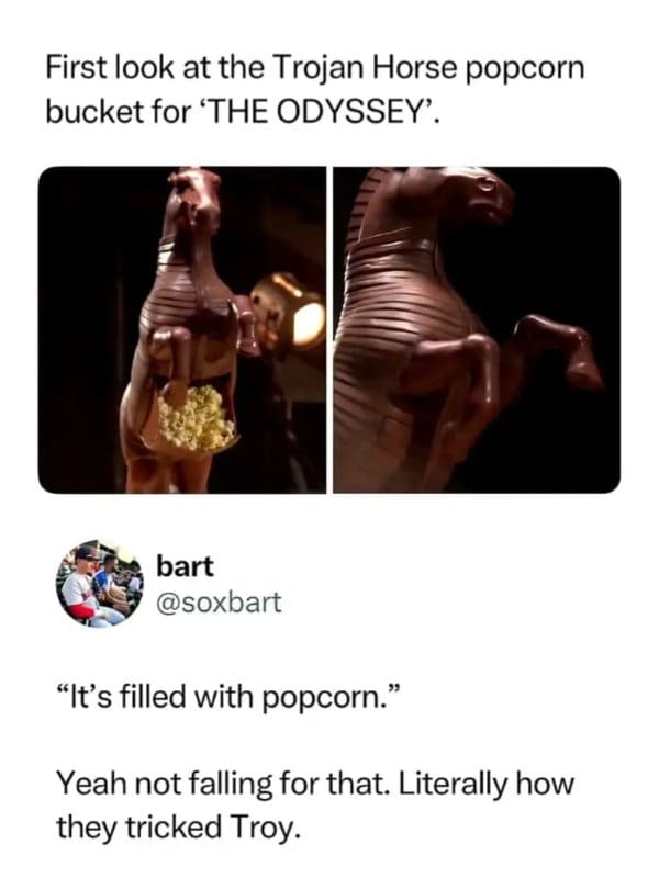 Trojan Horse popcorn bucket for The Odyssey, with a reply refusing it on historical grounds.