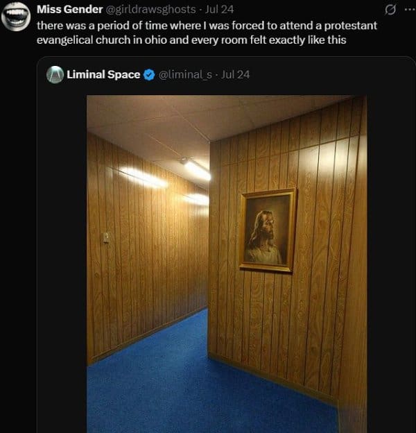 Tweet comparing a wood paneled church hallway with a Jesus portrait to an Ohio childhood.