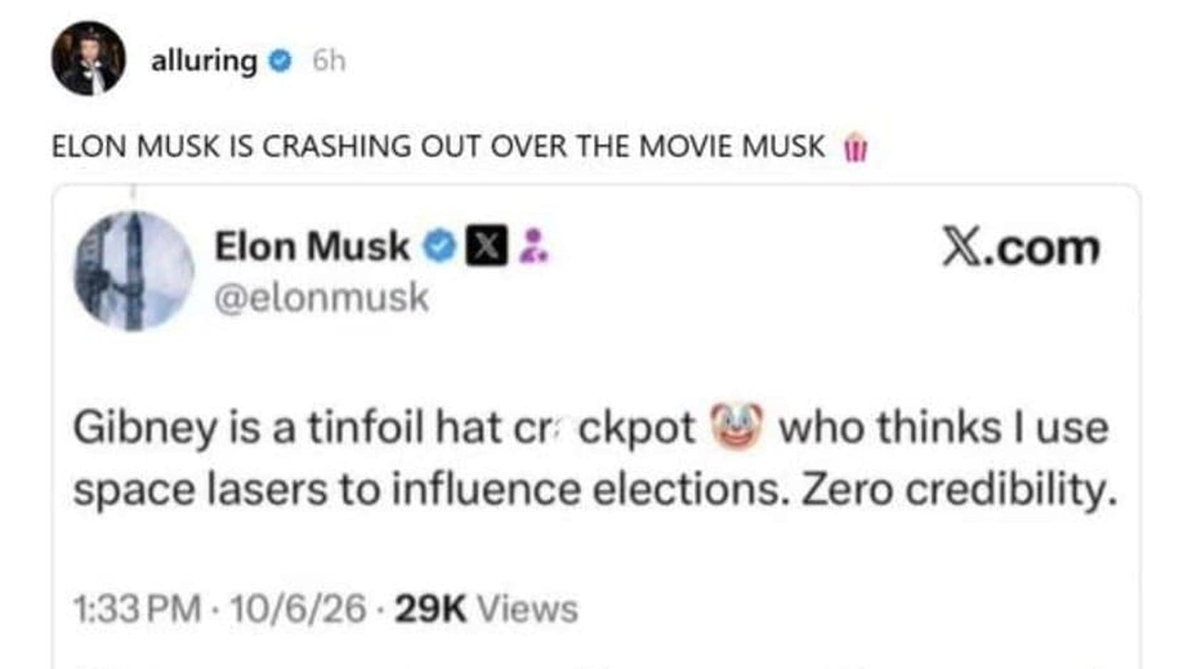 Threads post saying Elon Musk is crashing out over the movie Musk, above his post calling Gibney a crackpot, a Musk documentary memes favorite.
