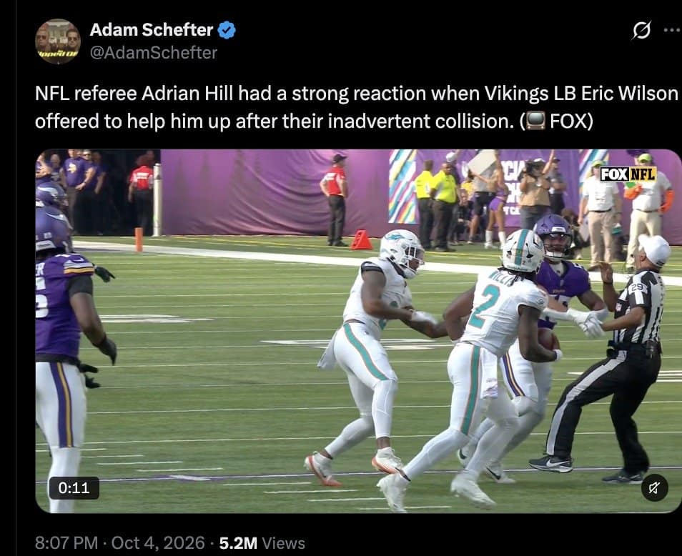 Adrian Hill reacts to Eric Wilson's offered hand, the clip behind these NFL ref memes.
