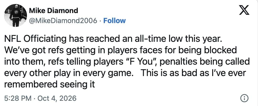 Mike Diamond tweet saying NFL officiating has reached an all-time low this season.