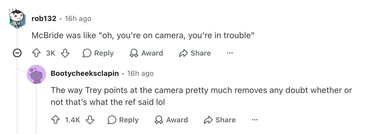 Reddit thread joking McBride pointed at the camera like the ref was in trouble.