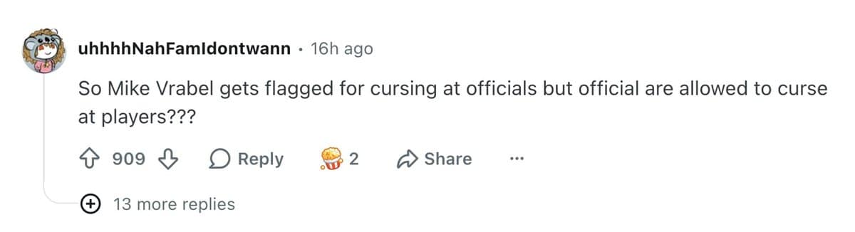 Reddit comment asking why Mike Vrabel gets flagged for cursing while officials curse at players.
