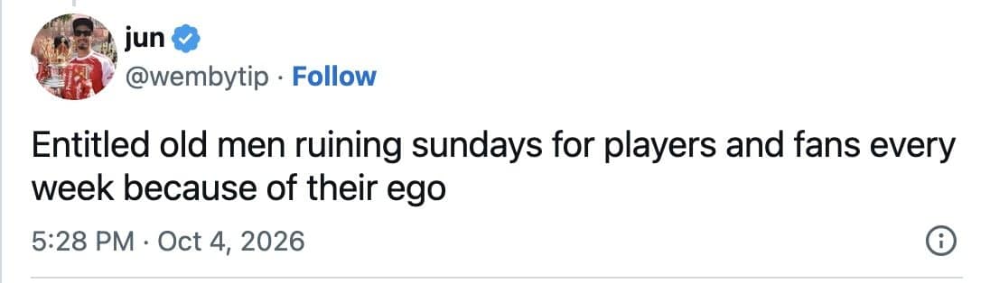 Tweet blaming entitled old men for ruining Sundays for players and fans every week.