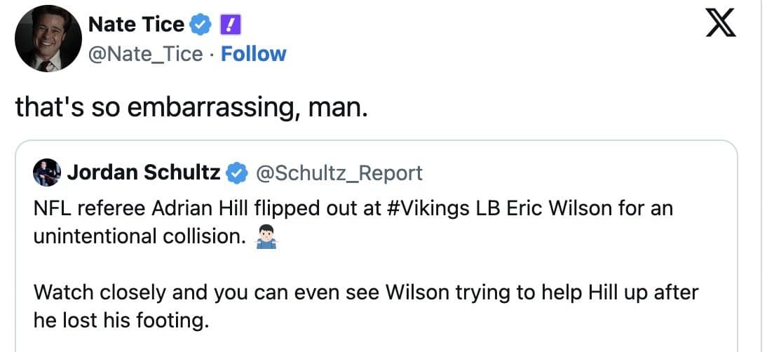 Nate Tice calls the Adrian Hill flare-up so embarrassing while quoting Jordan Schultz's tweet.
