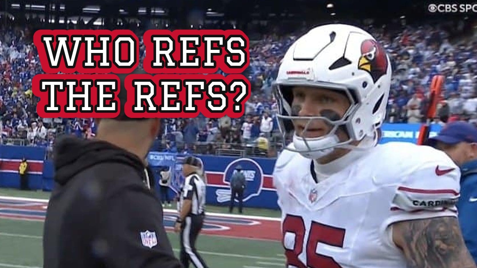Cardinals tight end Trey McBride on the Giants sideline after the exchange with a line judge that sparked NFL ref memes.