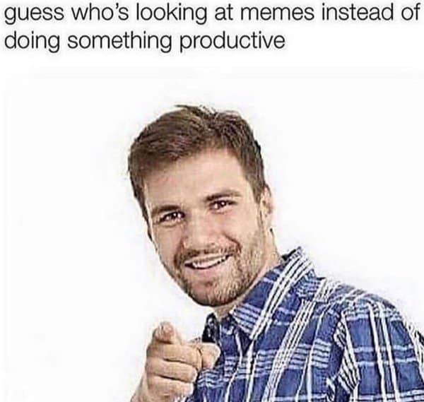 Grinning man in plaid pointing at you for reading memes instead of being productive