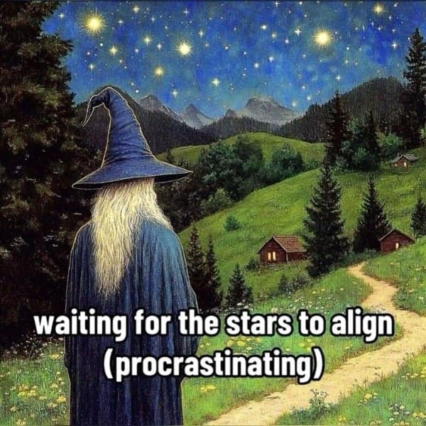 Painted wizard staring at a starry valley, waiting for the stars to align