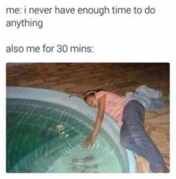 Woman lying on the edge of a pool touching the water for thirty minutes