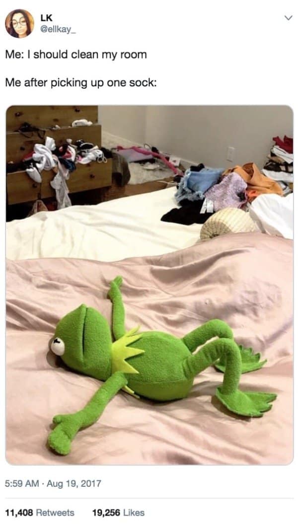 Procrastination meme of Kermit flat on a messy bed after picking up one sock