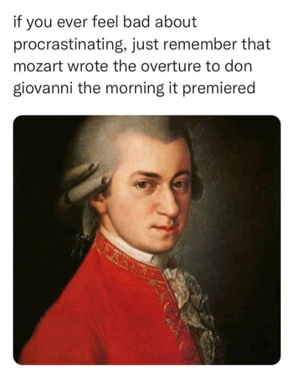 Portrait of Mozart with a note that he wrote an overture the morning it premiered