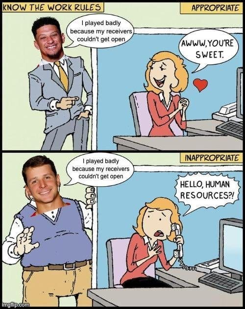 Office comic where one quarterback's receiver excuse is sweet and another's is reported to HR.