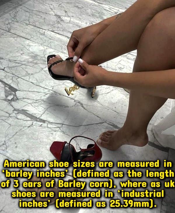 Woman fastening a strappy heel on marble floor with text about barleycorn shoe sizes.