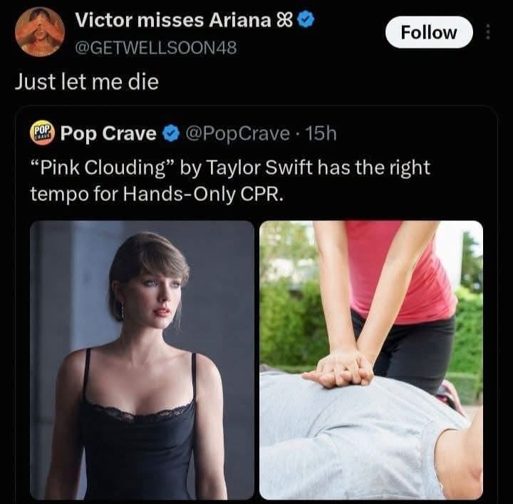 Pop Crave post claiming a Taylor Swift song has the right tempo for CPR.
