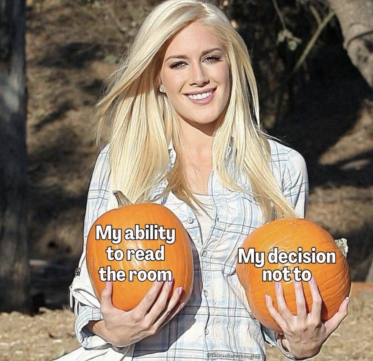 Woman holding two pumpkins labeled reading the room and choosing not to.