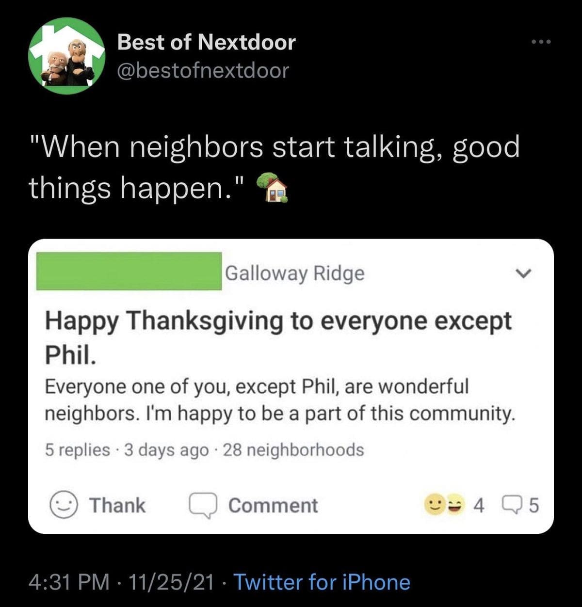 Nextdoor post wishing a happy Thanksgiving to every neighbor except one named Phil.