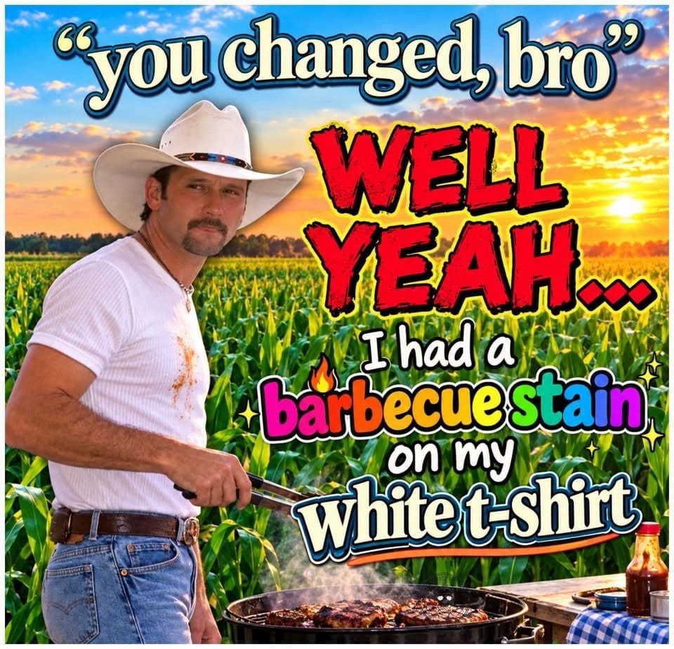 Cowboy grilling in a cornfield, proudly wearing a barbecue stain on his white t-shirt.