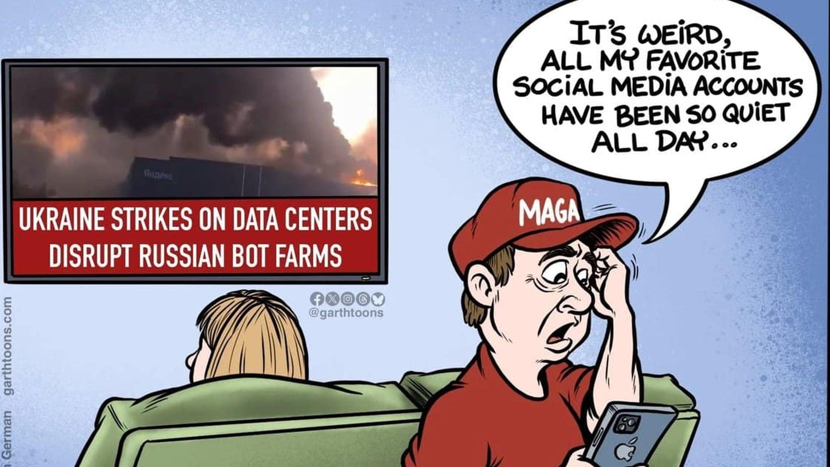Cartoon of a man in a red cap puzzled by quiet social media during news of strikes on Russian bot farms, a Russian bot memes favorite.