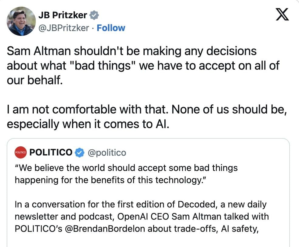 JB Pritzker says he is not comfortable with Altman choosing which bad things we accept