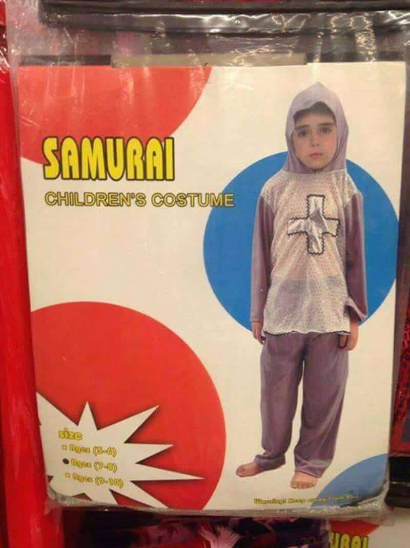 Bootleg children's costume labeled Samurai that is clearly a medieval knight outfit