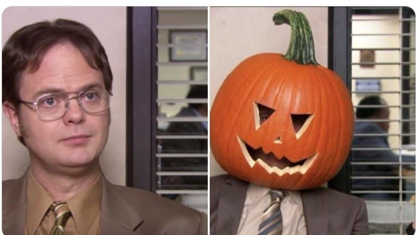 September 30th vs October 1 meme of Dwight Schrute side by side with Dwight wearing a carved jack-o'-lantern on his head