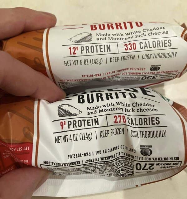 Two frozen cheese burritos in shrinkflation examples, the newer one 4 ounces instead of 5.