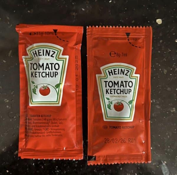 Two Heinz ketchup packets, the newer one holding 8 grams instead of 11.