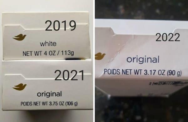 Dove soap boxes dated 2019, 2021, and 2022 in shrinkflation examples, shrinking from 113 to 90 grams.