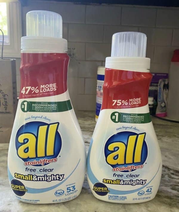 Two all detergent bottles, the smaller one boasting 75 percent more loads while holding fewer.