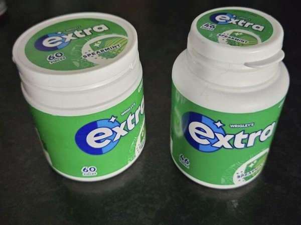 Extra spearmint gum tubs in shrinkflation examples, dropping from 60 pieces to 46.