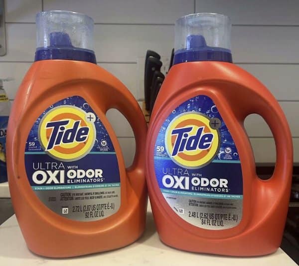 Tide Ultra Oxi bottles shrinking from 92 to 84 ounces while still claiming 59 loads.