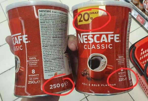 Nescafe Classic tins in shrinkflation examples, advertising 20 grams free while dropping from 250 to 220.